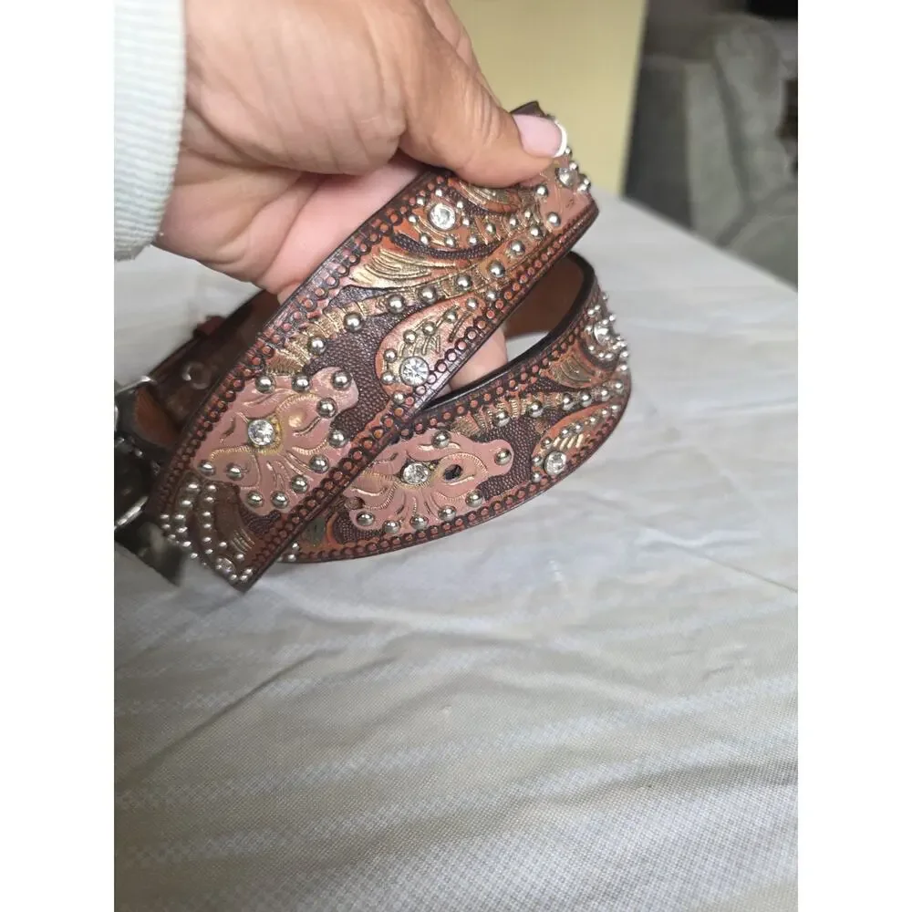 Nocona Tooled Leather Belt & Floral Buckle Leather Bling Size M Western
